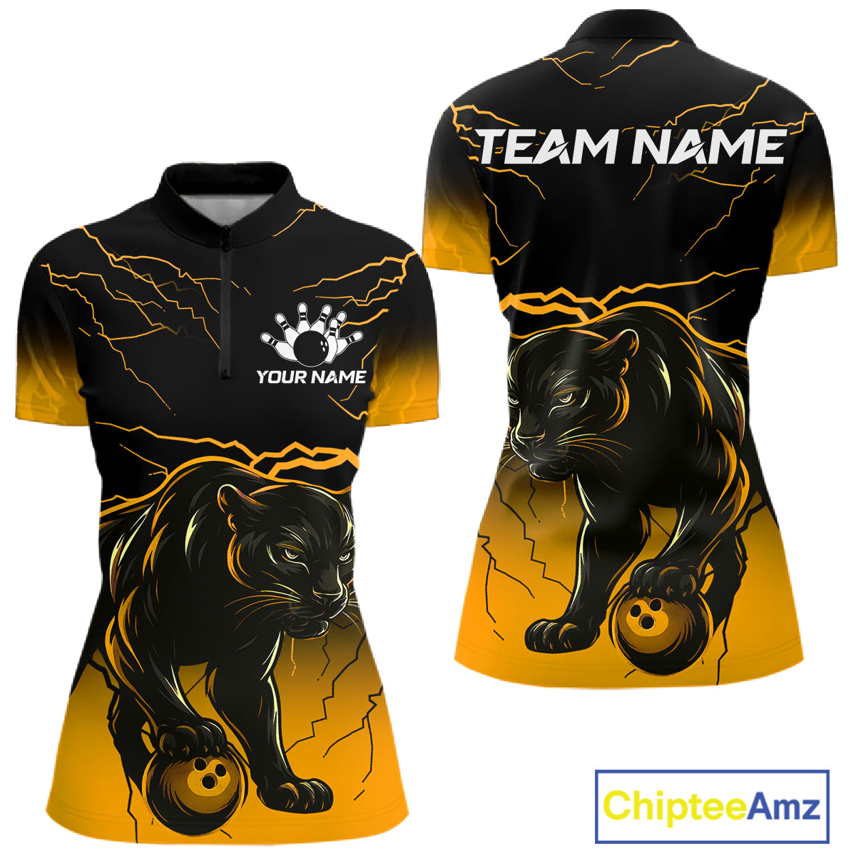 Black And Yellow Custom Thunder Lightning Panther Bowling Team Shirt For Women Bowling League Jersey TDM8048