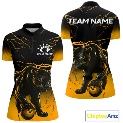 Black And Yellow Custom Thunder Lightning Panther Bowling Team Shirt For Women Bowling League Jersey TDM8048