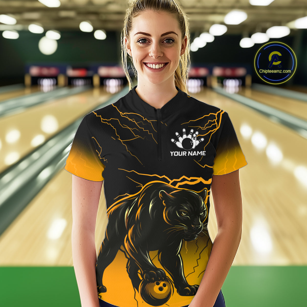 Black And Yellow Custom Thunder Lightning Panther Bowling Team Shirt For Women Bowling League Jersey TDM8048