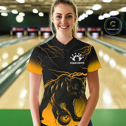 Black And Yellow Custom Thunder Lightning Panther Bowling Team Shirt For Women Bowling League Jersey TDM8048