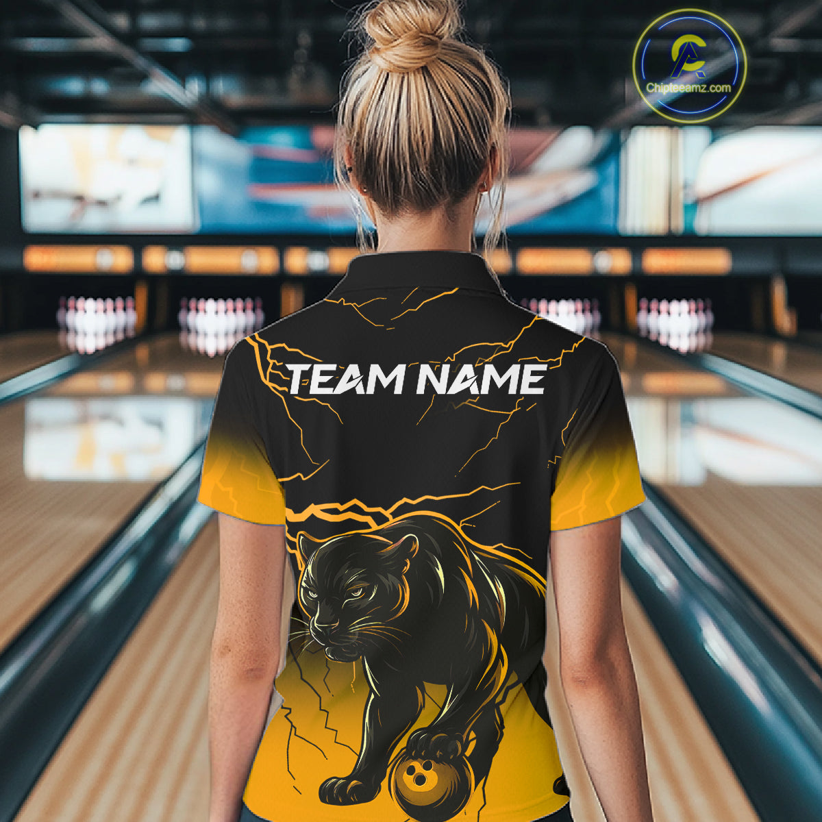 Black And Yellow Custom Thunder Lightning Panther Bowling Team Shirt For Women Bowling League Jersey TDM8048