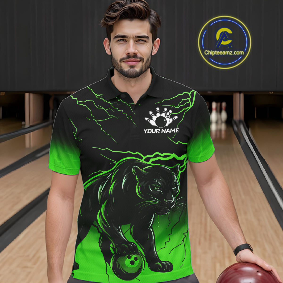 Black And Green Custom Thunder Lightning Panther Bowling Team Shirt For Men Bowling League Jersey TDM8049