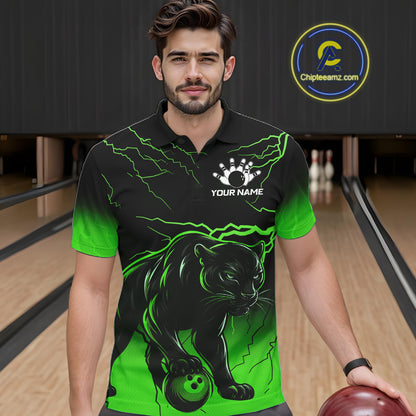 Black And Green Custom Thunder Lightning Panther Bowling Team Shirt For Men Bowling League Jersey TDM8049