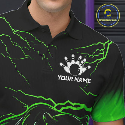 Black And Green Custom Thunder Lightning Panther Bowling Team Shirt For Men Bowling League Jersey TDM8049