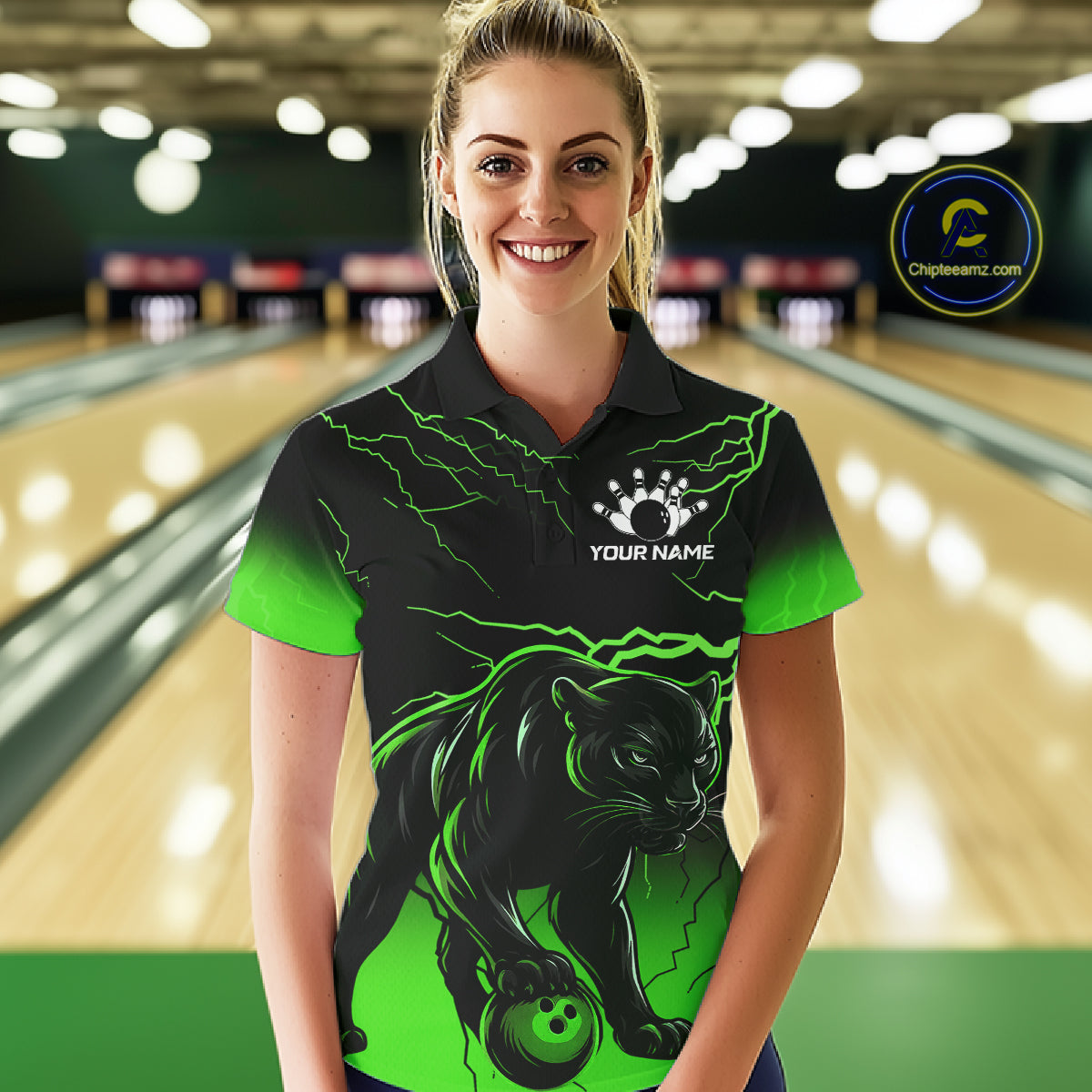 Black And Green Custom Thunder Lightning Panther Bowling Team Shirt For Women Bowling League Jersey TDM8049