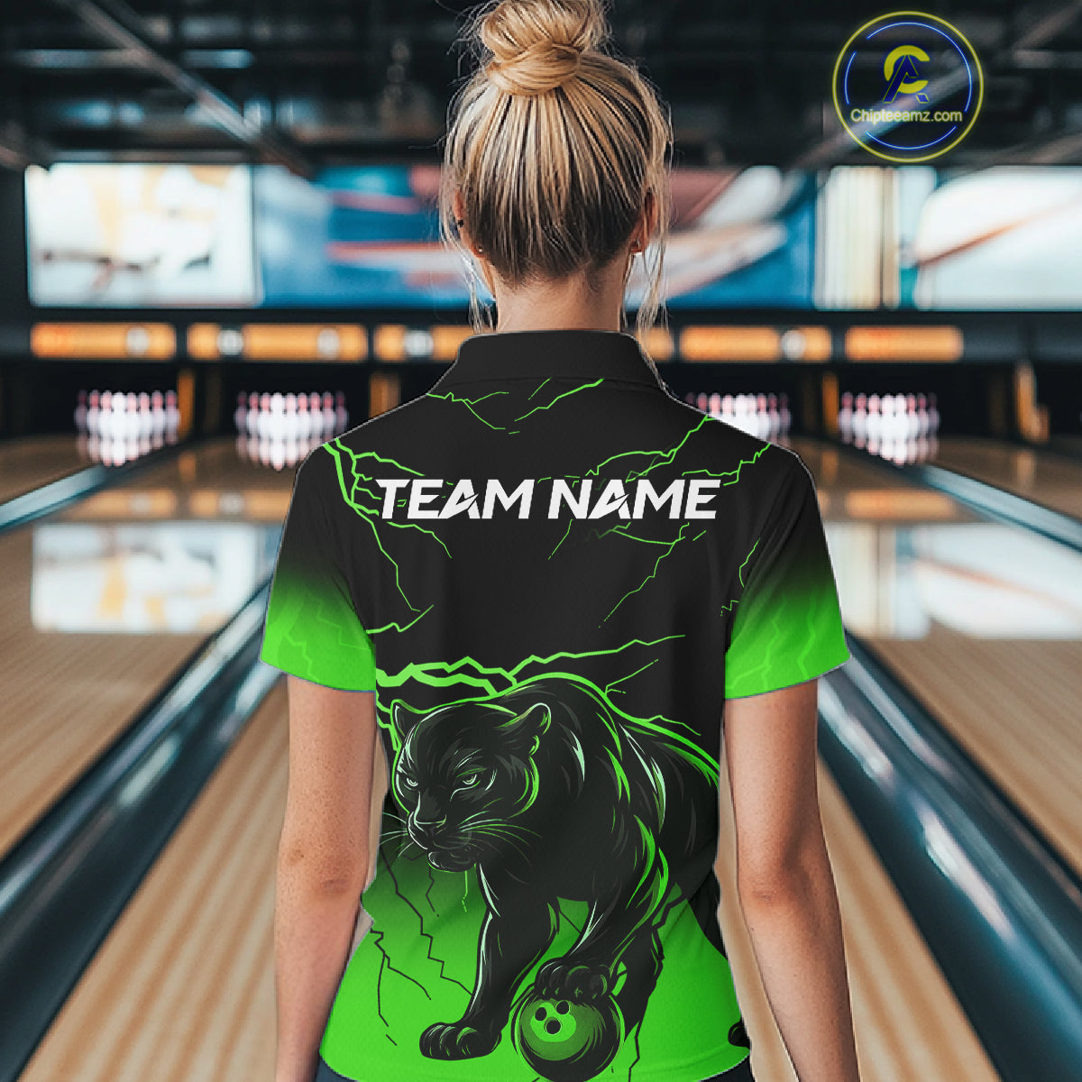 Black And Green Custom Thunder Lightning Panther Bowling Team Shirt For Women Bowling League Jersey TDM8049