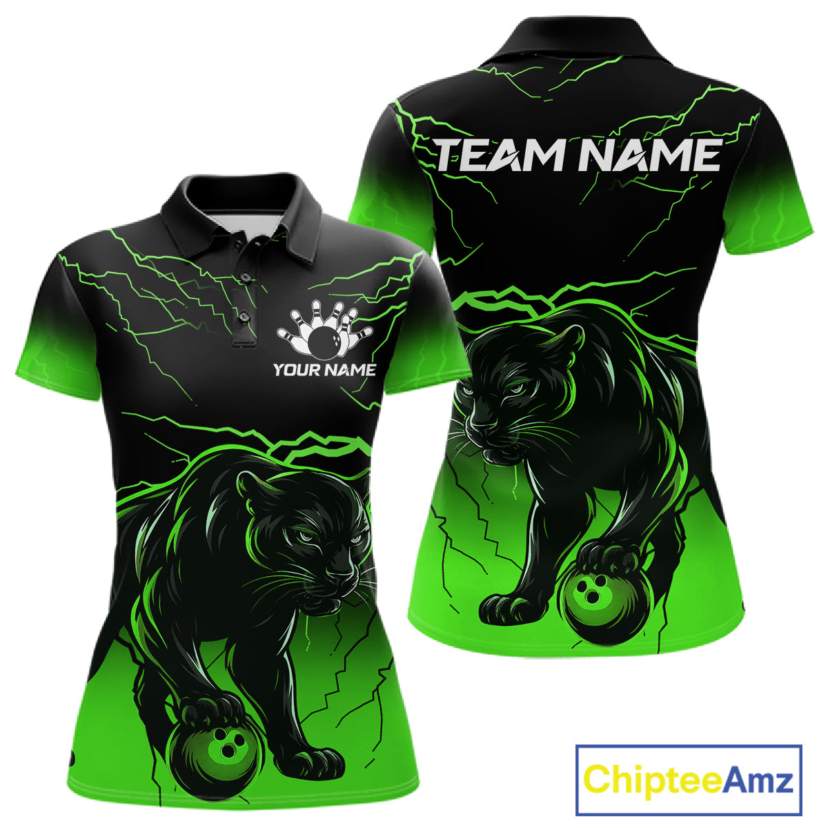 Black And Green Custom Thunder Lightning Panther Bowling Team Shirt For Women Bowling League Jersey TDM8049