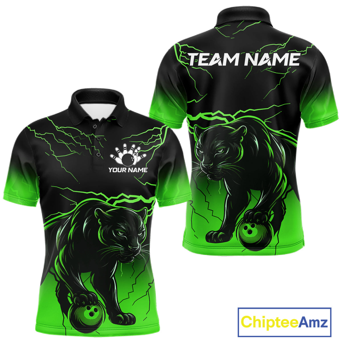 Black And Green Custom Thunder Lightning Panther Bowling Team Shirt For Men Bowling League Jersey TDM8049