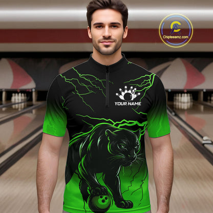 Black And Green Custom Thunder Lightning Panther Bowling Team Shirt For Men Bowling League Jersey TDM8049