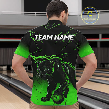 Black And Green Custom Thunder Lightning Panther Bowling Team Shirt For Men Bowling League Jersey TDM8049