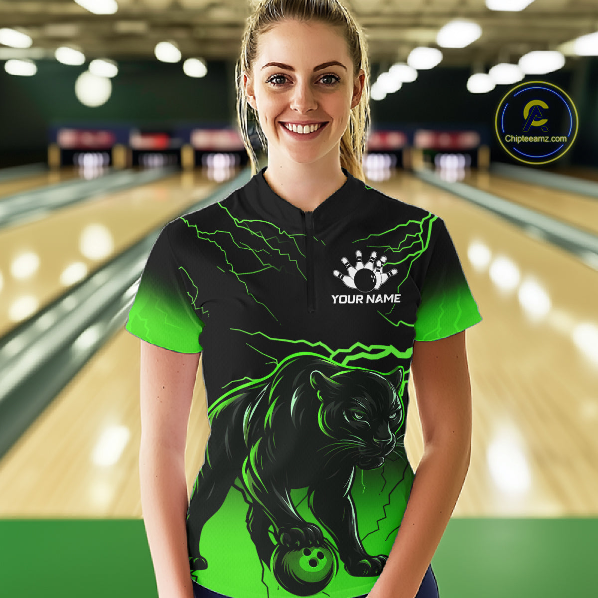 Black And Green Custom Thunder Lightning Panther Bowling Team Shirt For Women Bowling League Jersey TDM8049