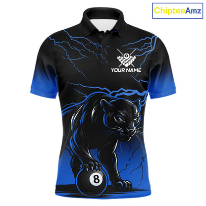 Black And Blue 8 Ball Pool Lightning Custom Panther Billiard Shirts For Men, Billiard Team Jersey TDM8050