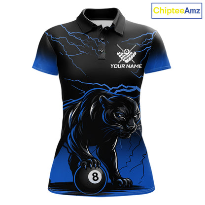 Black And Blue 8 Ball Pool Lightning Custom Panther Billiard Shirts For Women, Billiard Team Jersey TDM8050