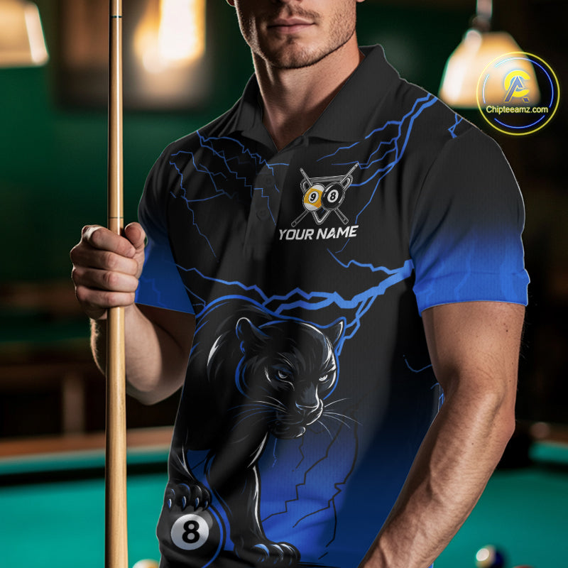 Black And Blue 8 Ball & 9 Ball Lightning Custom Panther Billiard Shirts For Men, Pool Team Jersey TDM8051