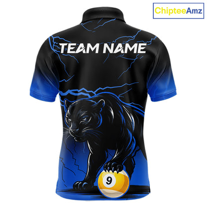 Black And Blue 8 Ball & 9 Ball Lightning Custom Panther Billiard Shirts For Men, Pool Team Jersey TDM8051