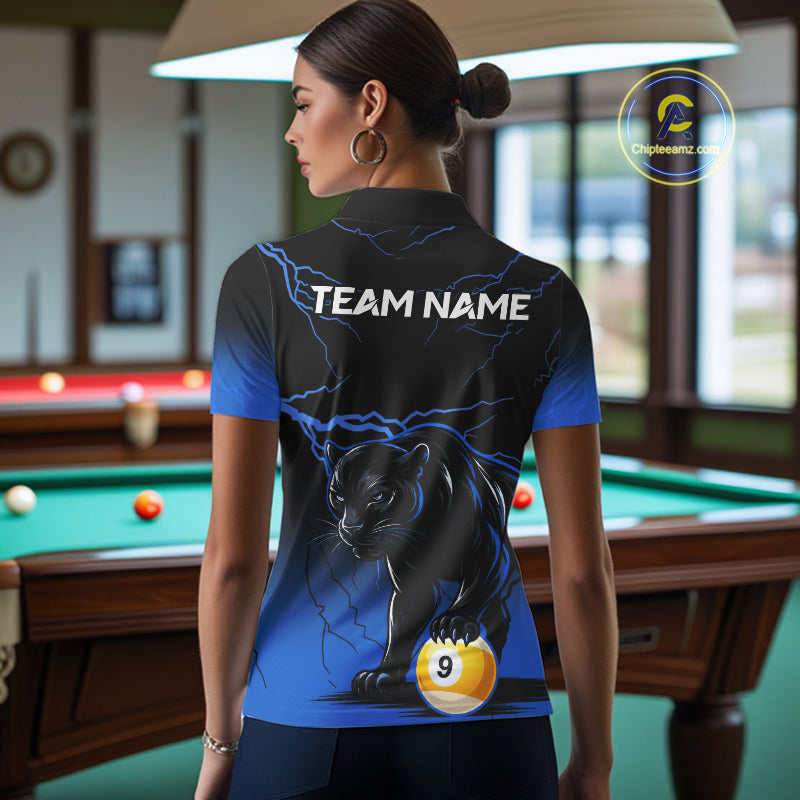 Black And Blue 8 Ball & 9 Ball Lightning Custom Panther Billiard Shirts For Women, Pool Team Jersey TDM8051