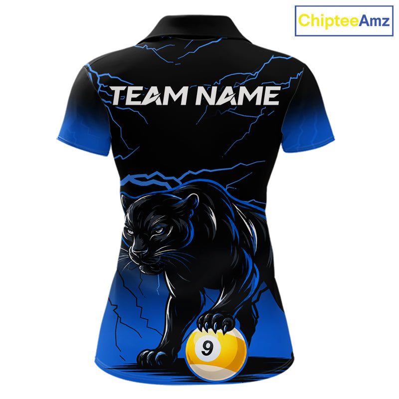 Black And Blue 8 Ball & 9 Ball Lightning Custom Panther Billiard Shirts For Women, Pool Team Jersey TDM8051