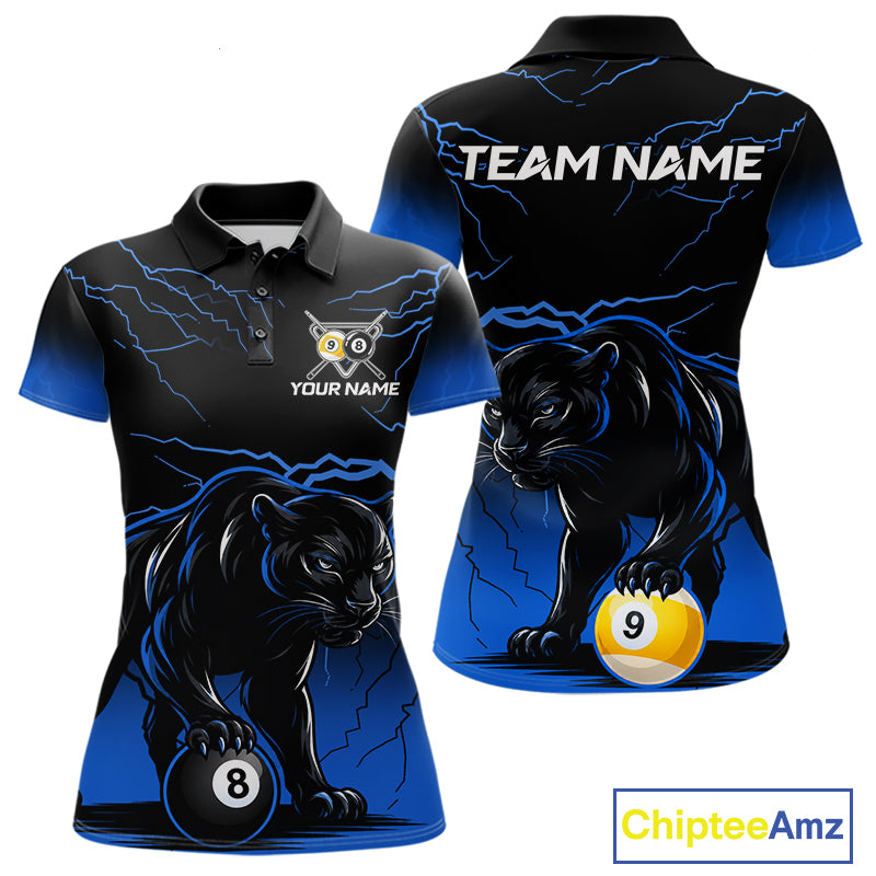 Black And Blue 8 Ball & 9 Ball Lightning Custom Panther Billiard Shirts For Women, Pool Team Jersey TDM8051