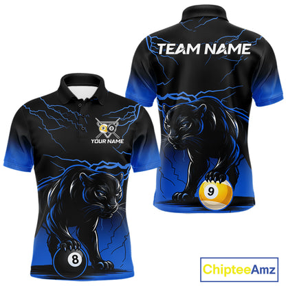 Black And Blue 8 Ball & 9 Ball Lightning Custom Panther Billiard Shirts For Men, Pool Team Jersey TDM8051