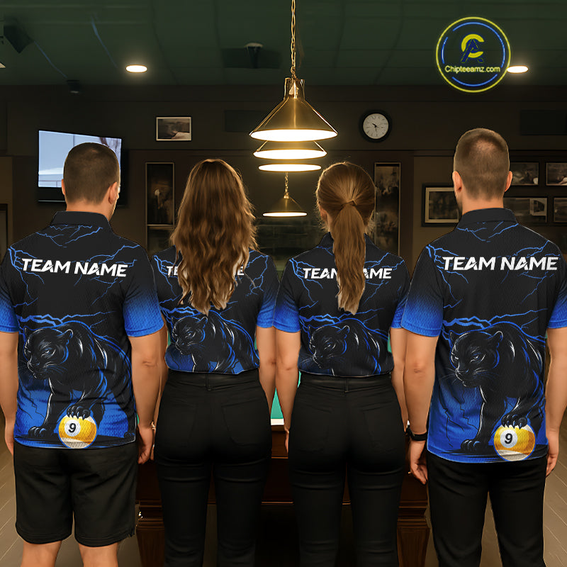 Black And Blue 8 Ball & 9 Ball Lightning Custom Panther Billiard Shirts For Men, Pool Team Jersey TDM8051