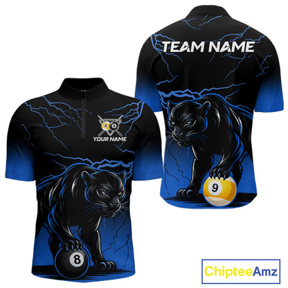 Black And Blue 8 Ball & 9 Ball Lightning Custom Panther Billiard Shirts For Men, Pool Team Jersey TDM8051