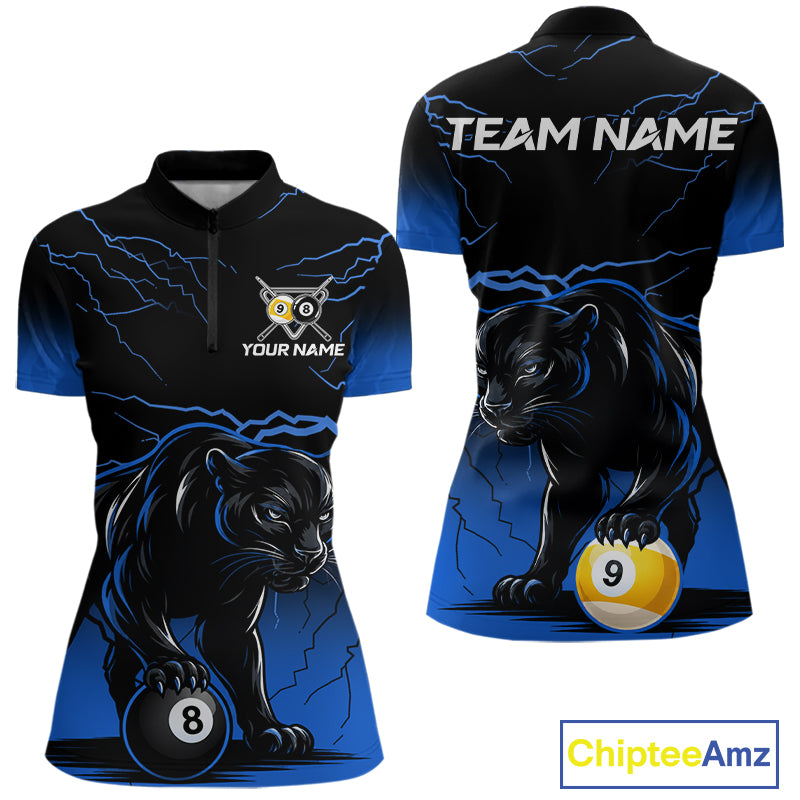 Black And Blue 8 Ball & 9 Ball Lightning Custom Panther Billiard Shirts For Women, Pool Team Jersey TDM8051