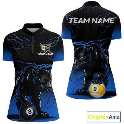 Black And Blue 8 Ball & 9 Ball Lightning Custom Panther Billiard Shirts For Women, Pool Team Jersey TDM8051