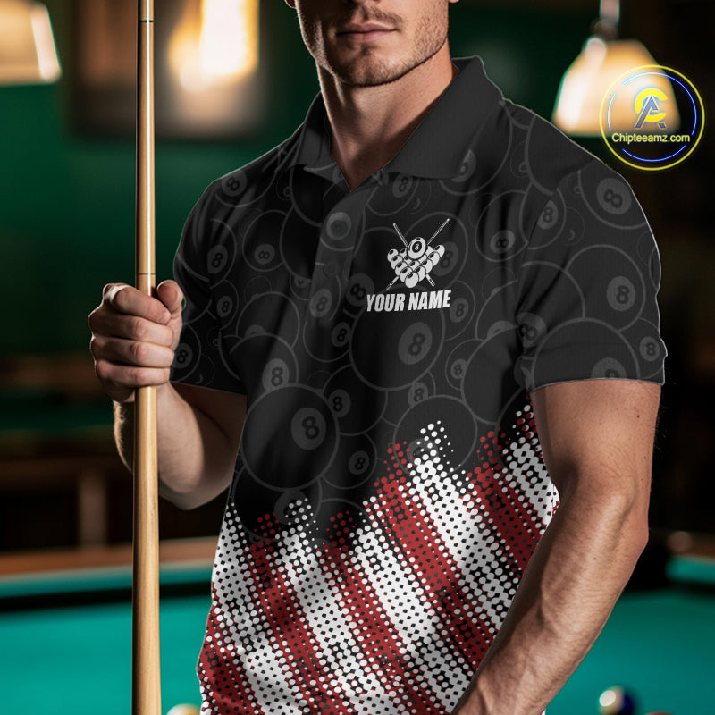 Red, White And Black 8 Ball Billiard Jersey For Men Custom Pool Team Shirts Polo & 1/4 Zip TDM8052