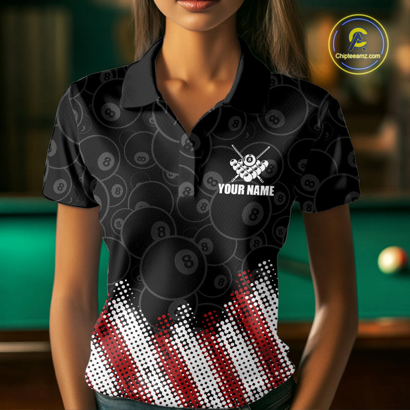 Red, White And Black 8 Ball Billiard Jersey For Women Custom Pool Team Shirts Polo & 1/4 Zip TDM8052