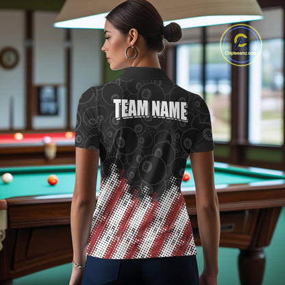 Red, White And Black 8 Ball Billiard Jersey For Women Custom Pool Team Shirts Polo & 1/4 Zip TDM8052