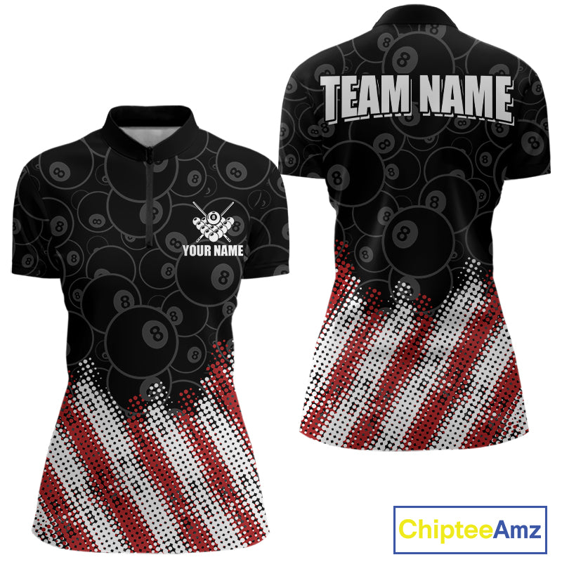 Red, White And Black 8 Ball Billiard Jersey For Women Custom Pool Team Shirts Polo & 1/4 Zip TDM8052