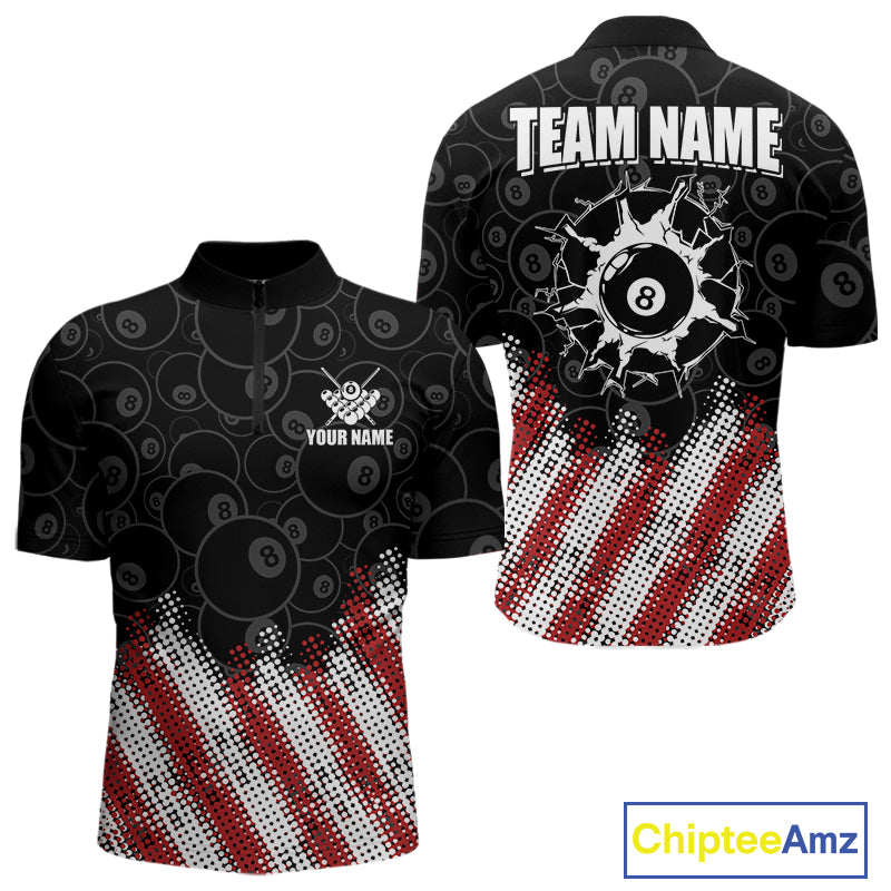 Red, White And Black 8 Ball Billiard Pool Shirts For Men Custom Billiard Team Jersey Polo, 1/4 Zip TDM8053
