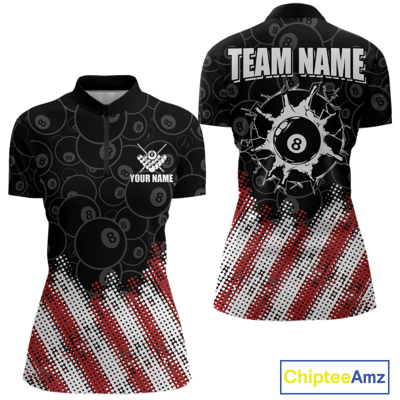Red, White And Black 8 Ball Billiard Pool Shirts For Women Custom Billiard Team Jersey Polo, 1/4 Zip TDM8053