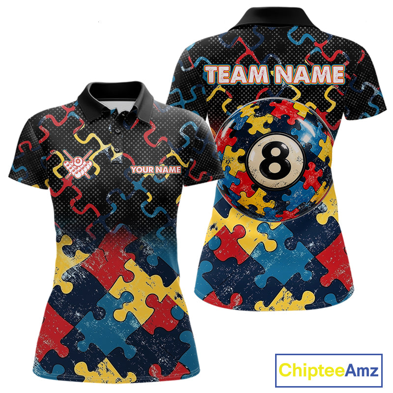 Custom Autism Awareness 8 Ball Pool Billiard Shirts For Women, Colorful Puzzle Billiard Team Jersey TDM8060