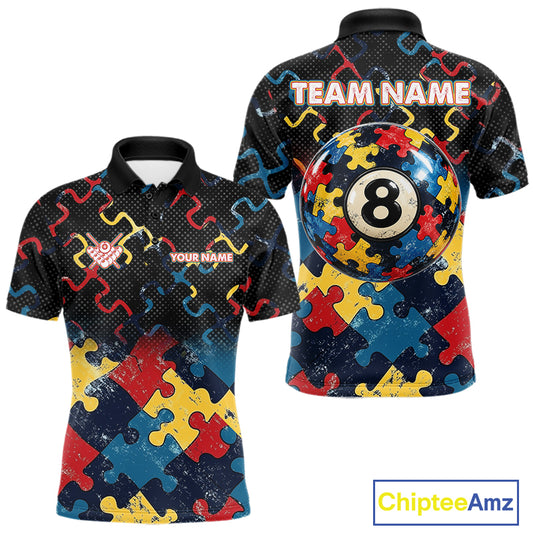 Custom Autism Awareness 8 Ball Pool Billiard Shirts For Men, Colorful Puzzle Billiard Team Jersey TDM8060