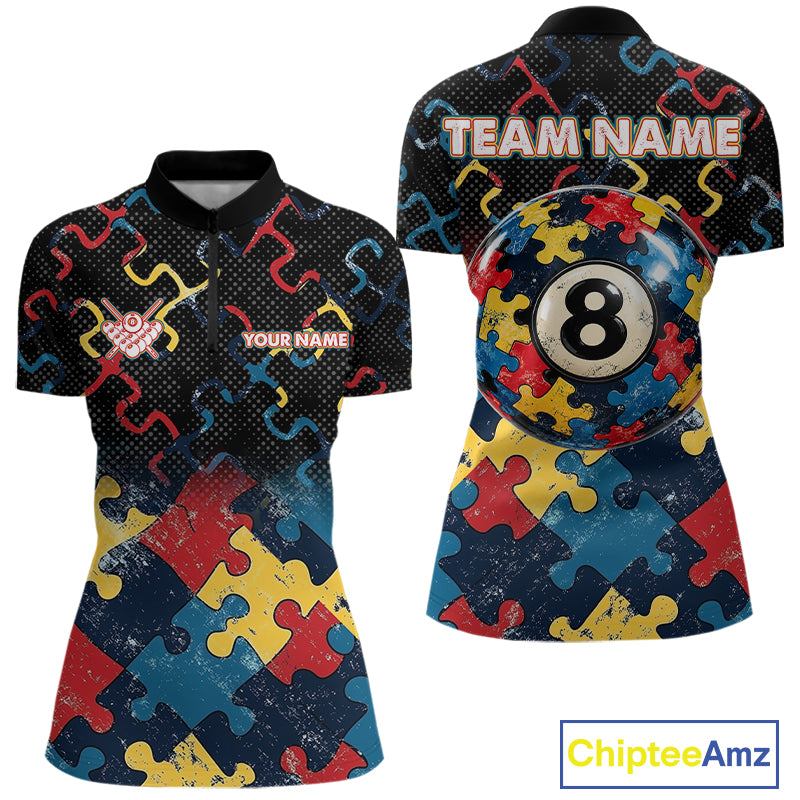 Custom Autism Awareness 8 Ball Pool Billiard Shirts For Women, Colorful Puzzle Billiard Team Jersey TDM8060