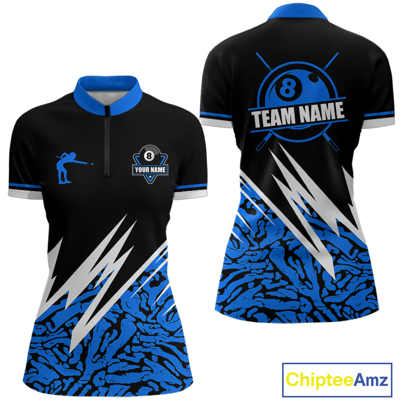 Personalized 8 Ball Billiard Jersey For Women Custom Black And Blue Pool Team Shirt Polo & 1/4 Zip TDM5339