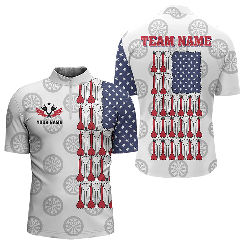 American Flag White Darts Polo & Quarter Zip Shirt Custom Men Dart Shirts Patriotic Dart Jerseys TDM3356