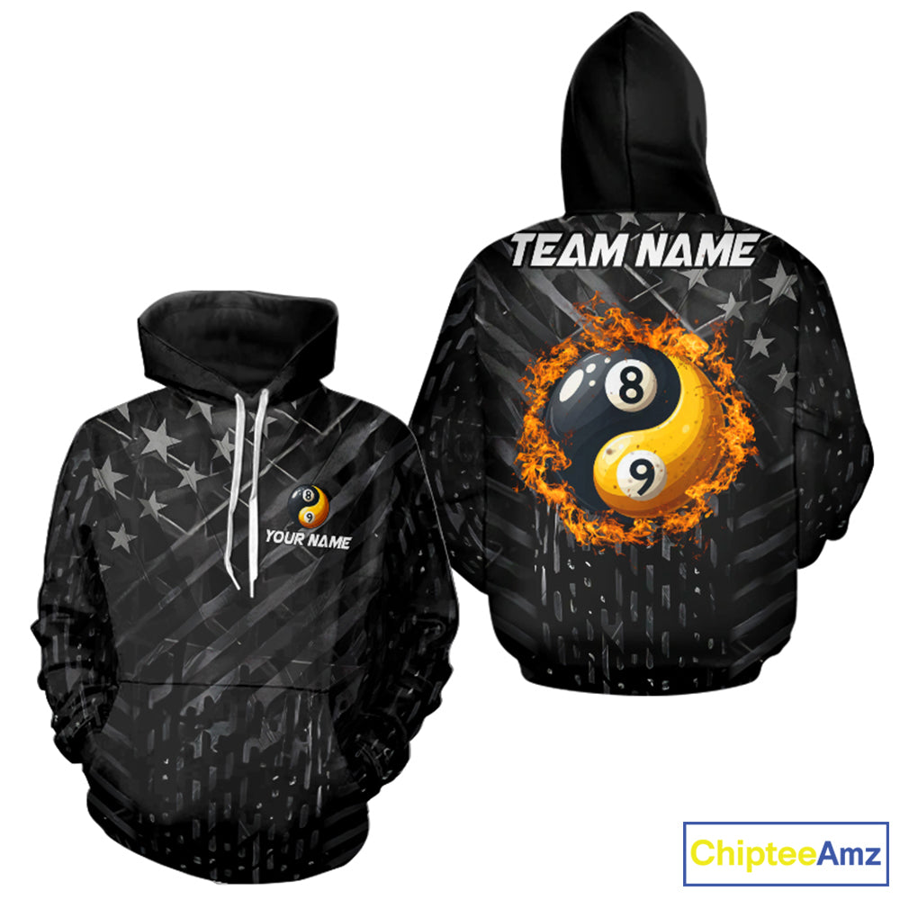 Black US Flag Ying And Yang 8 Ball & 9 Ball Custom Billiard Hoodie For Pool Player, Billiard Jersey TDM3357