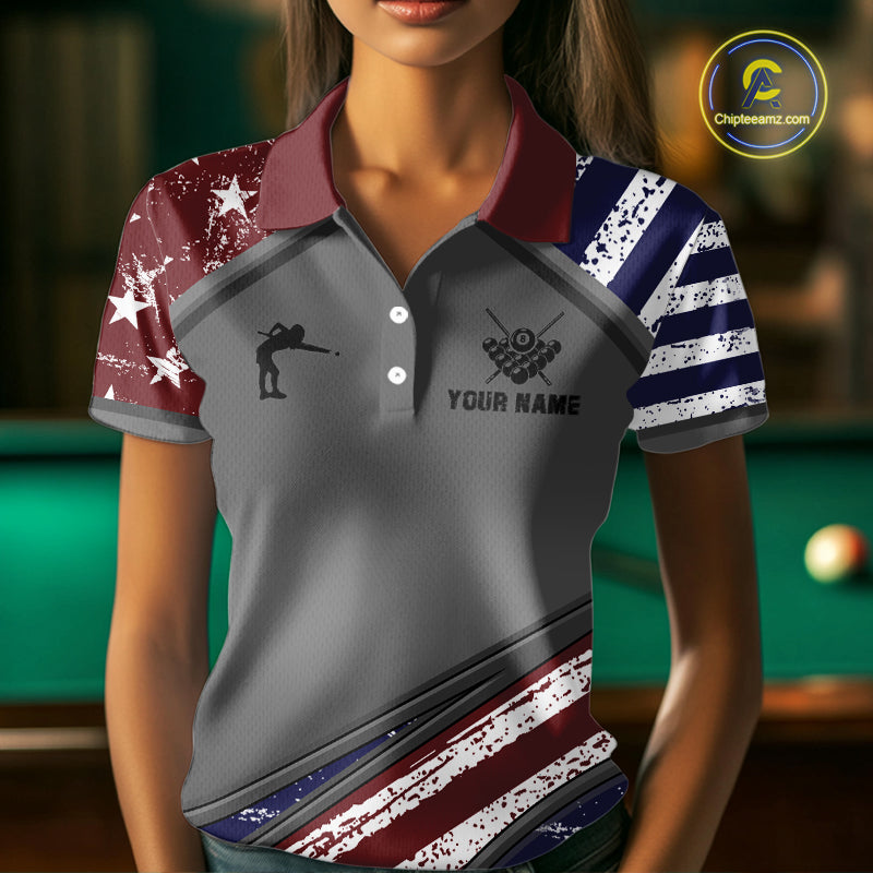 Personalized American Flag 8 Ball Billiard Shirt For Women Custom Patriotic Pool Team Jersey TDM5607