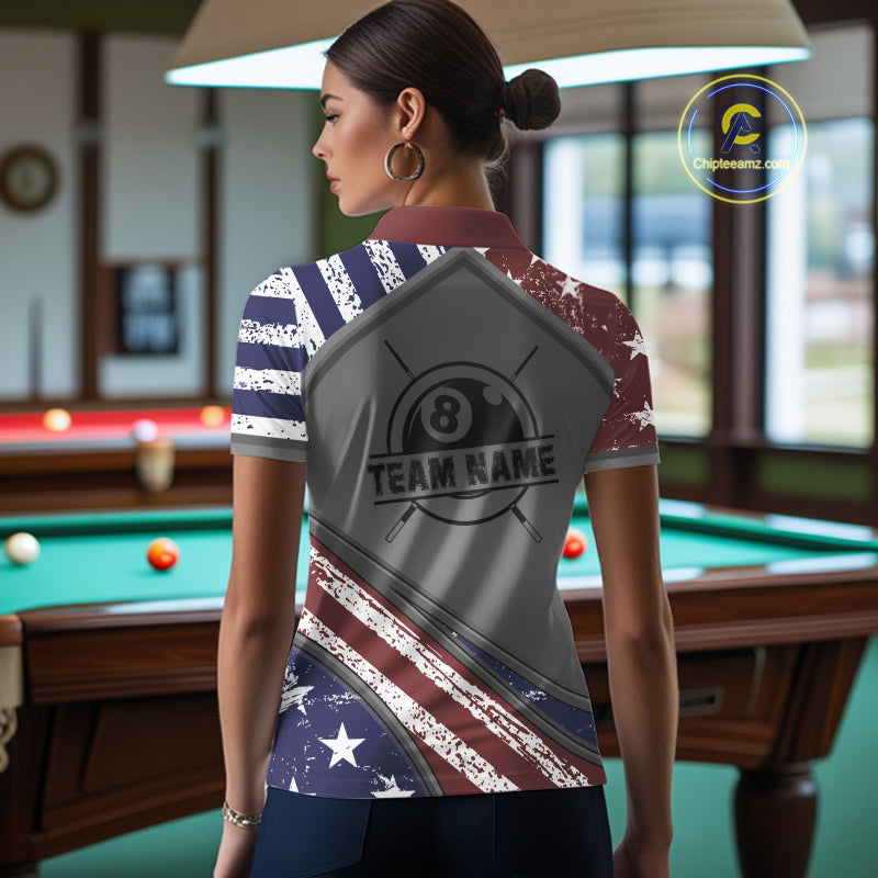 Personalized American Flag 8 Ball Billiard Shirt For Women Custom Patriotic Pool Team Jersey TDM5607