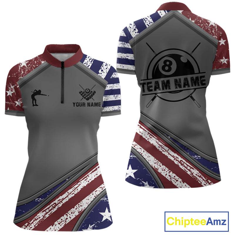 Personalized American Flag 8 Ball Billiard Shirt For Women Custom Patriotic Pool Team Jersey TDM5607