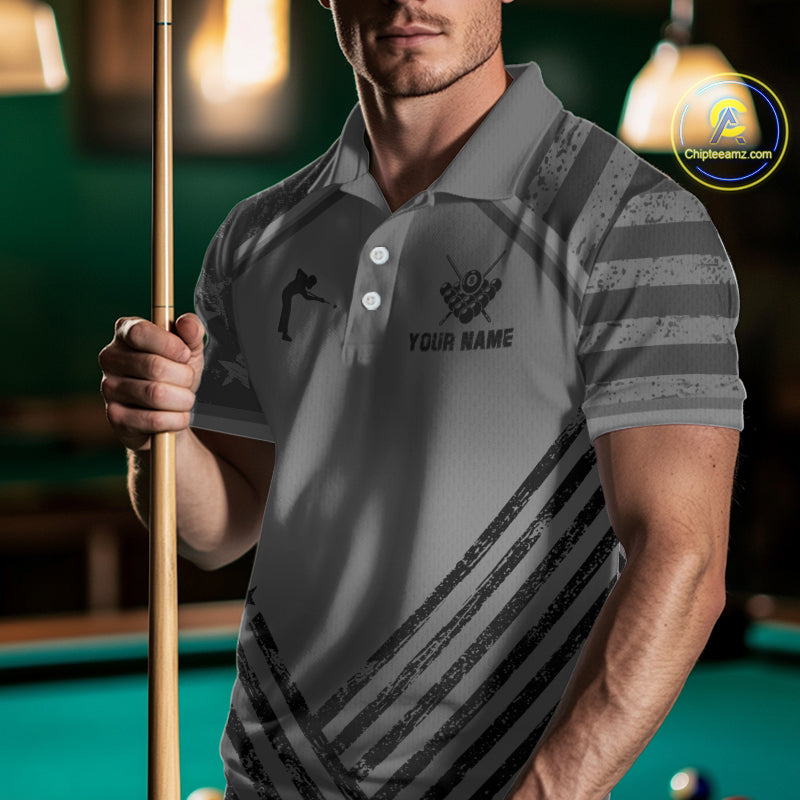 Personalized Grey US Flag 8 Ball Billiard Shirt For Men Custom Billiard Team Shirt, Pool Jerseys TDM5608