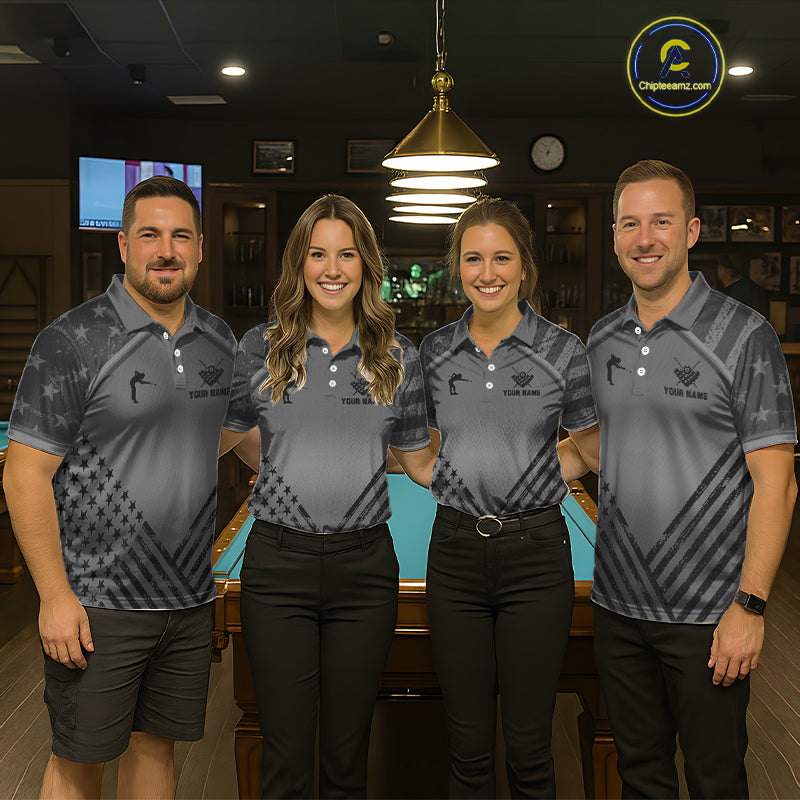 Personalized Grey US Flag 8 Ball Billiard Shirt For Men Custom Billiard Team Shirt, Pool Jerseys TDM5608