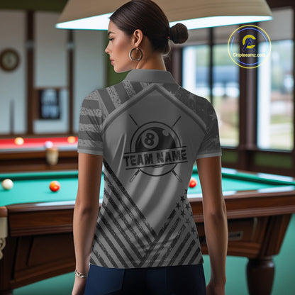 Personalized Grey US Flag 8 Ball Billiard Shirt For Women Custom Billiard Team Shirt, Pool Jerseys TDM5608
