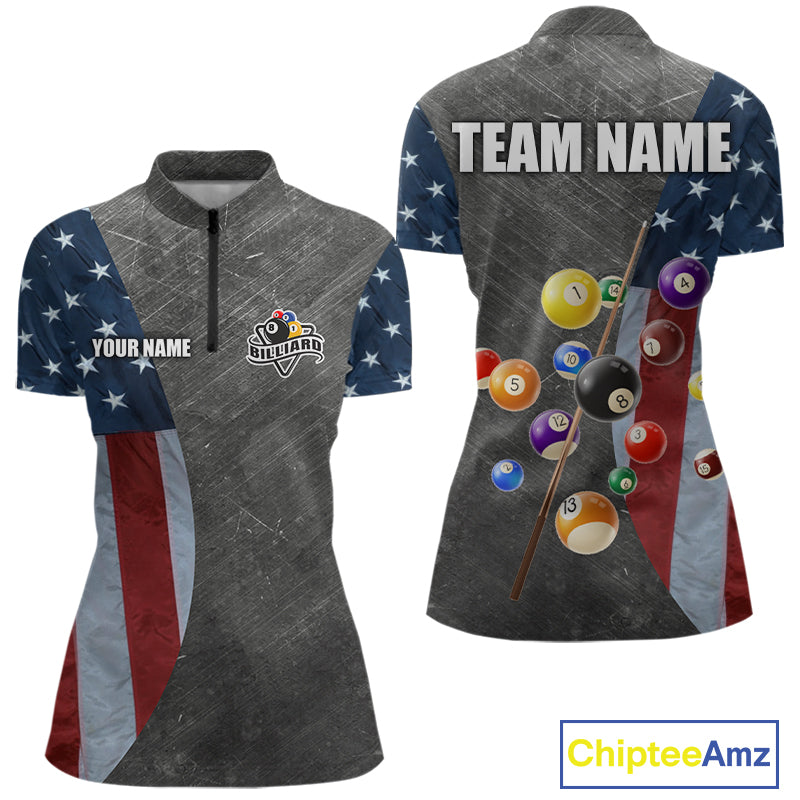 Grunge American Flag Patriotic Billiard Shirts For Women Custom 3D Billiard Balls Pool Team Jerseys TDM5616