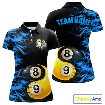 Blue Flaming 8 & 9 Ball Yin-Yang Billiard Shirt For Women Custom Pool Team Jersey Polo & 1/4 Zip TDM5984