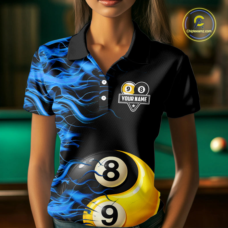 Blue Flaming 8 & 9 Ball Yin-Yang Billiard Shirt For Women Custom Pool Team Jersey Polo & 1/4 Zip TDM5984