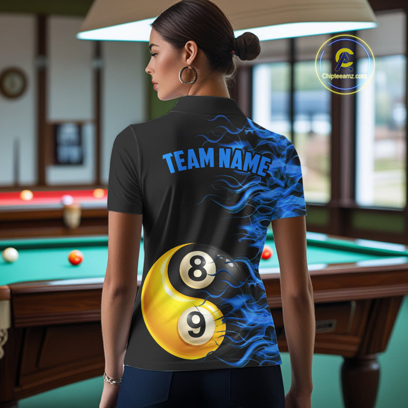 Blue Flaming 8 & 9 Ball Yin-Yang Billiard Shirt For Women Custom Pool Team Jersey Polo & 1/4 Zip TDM5984
