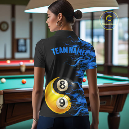 Blue Flaming 8 & 9 Ball Yin-Yang Billiard Shirt For Women Custom Pool Team Jersey Polo & 1/4 Zip TDM5984